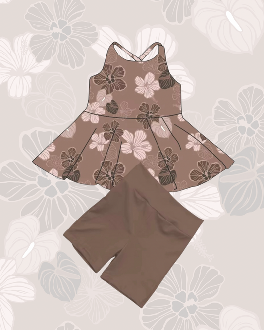 GIRLS FLOWY TANK & SHORTS MOCHA